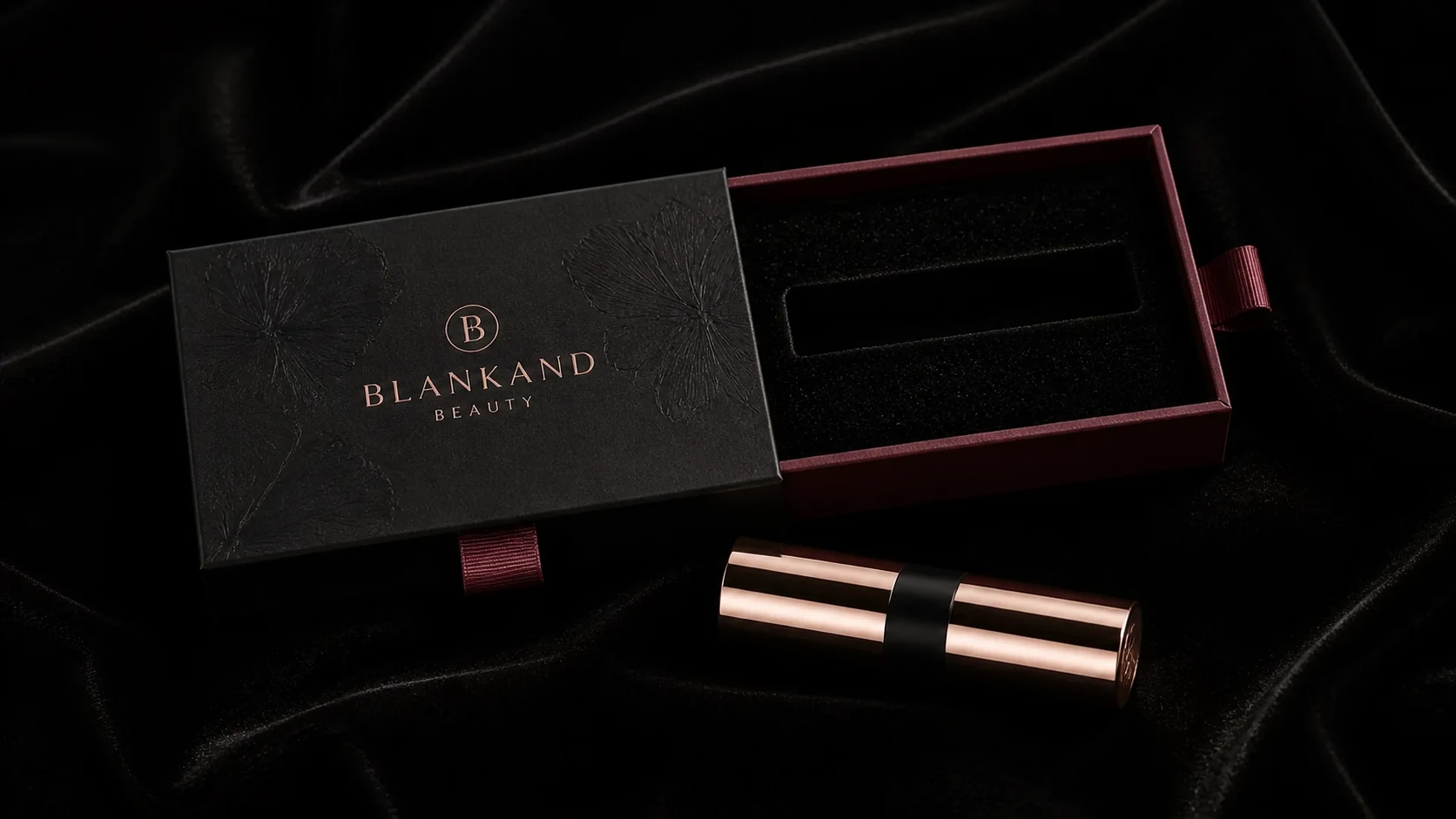 BLANKAND 横版抽屉礼盒与玫瑰金口红包装陈列